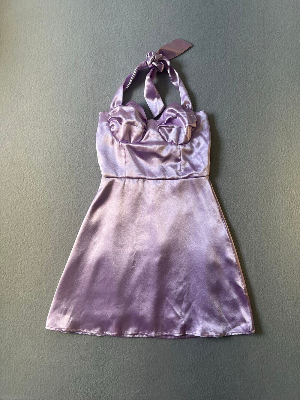 Lucy in the Sky Lilac Satin Tie Strap Mini Dress XS Bustier Cocktail Party